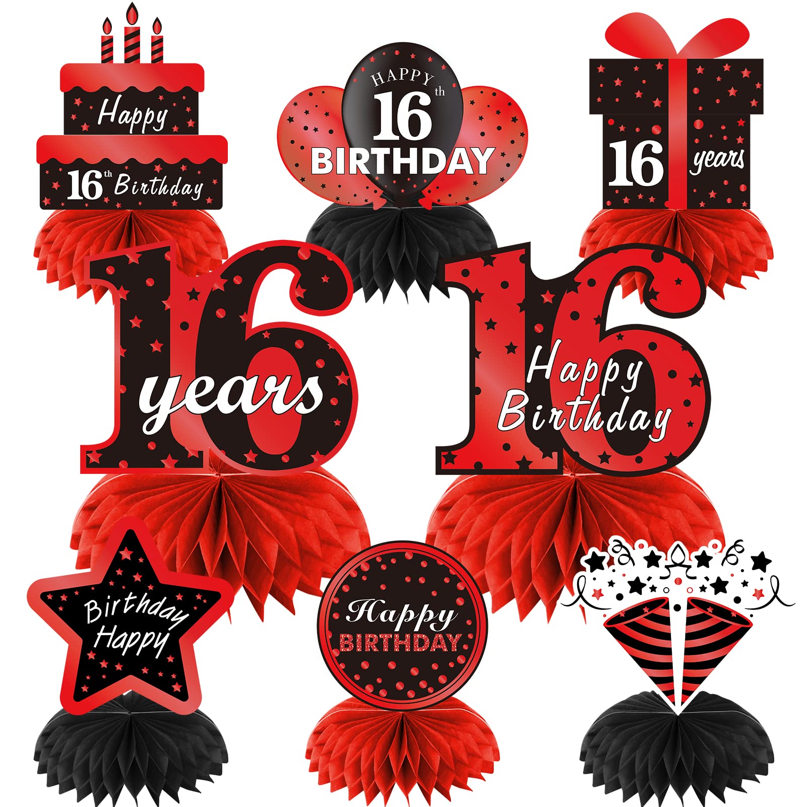 Parfundg Red and Black 16th Birthday Honeycomb Centerpieces – 8-Piece Table Topper Set for Boys and Girls