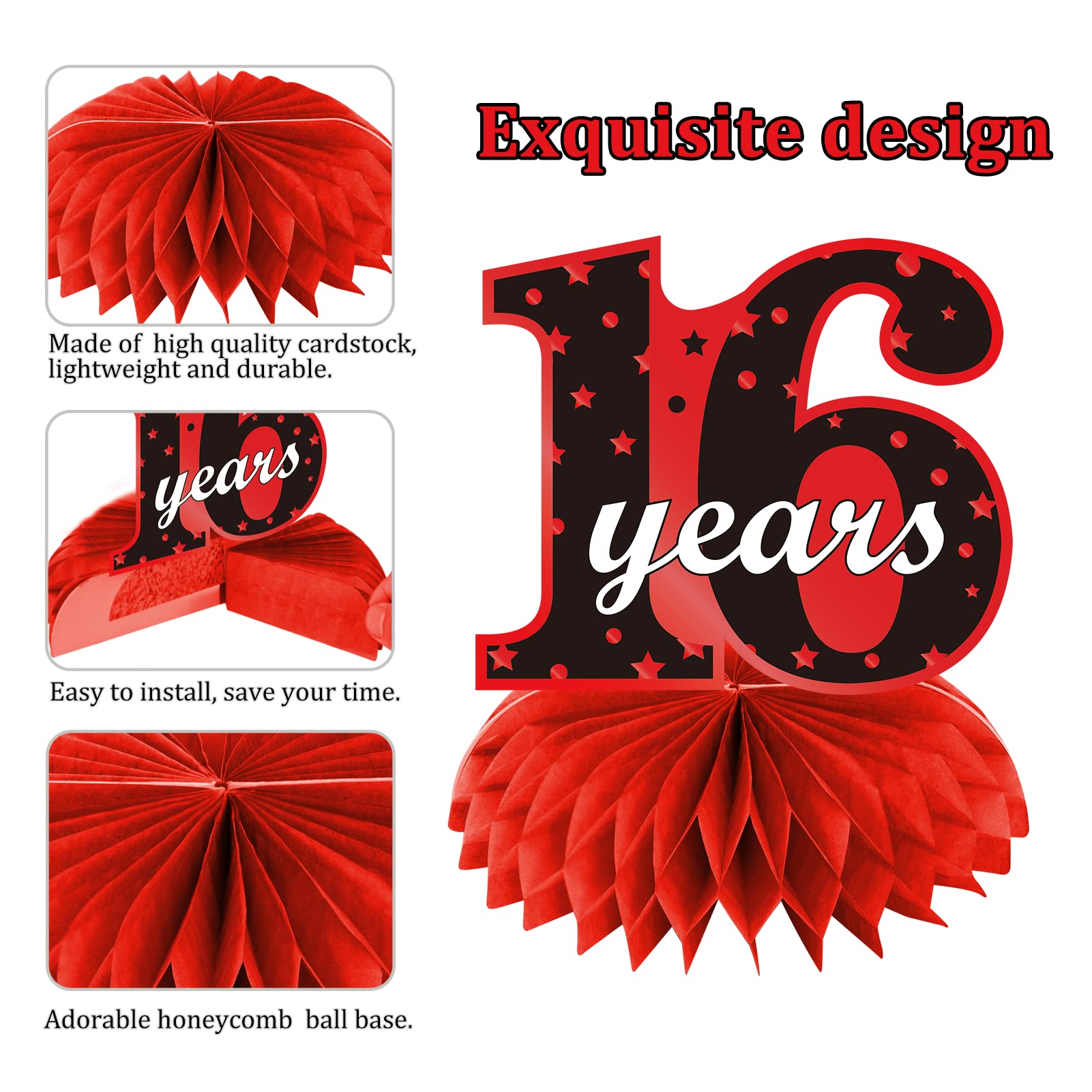 Parfundg Red and Black 16th Birthday Honeycomb Centerpieces – 8-Piece Table Topper Set for Boys and Girls