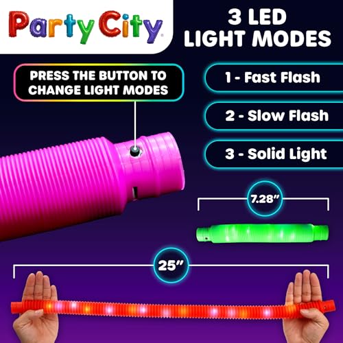 Party City 12-Pack LED Pop Tubes – 25” Expandable, 3-Mode Glow, Sensory Fidget Toys for Kids Ages 5+