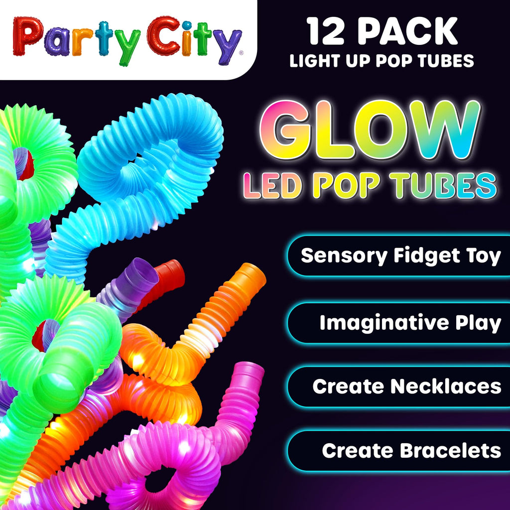 Party City 12-Pack LED Pop Tubes – 25” Expandable, 3-Mode Glow, Sensory Fidget Toys for Kids Ages 5+