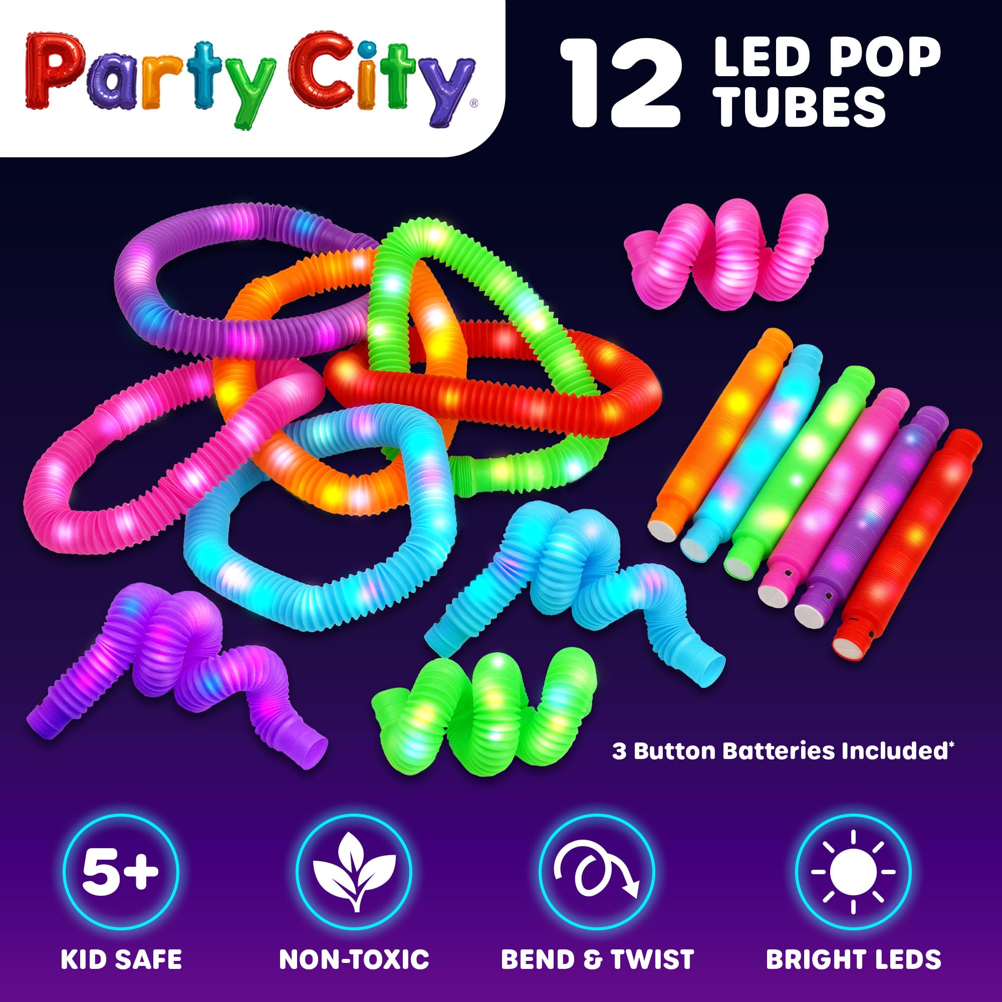 Party City 12-Pack LED Pop Tubes – 25” Expandable, 3-Mode Glow, Sensory Fidget Toys for Kids Ages 5+