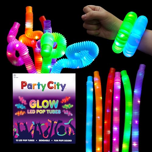 Party City 12-Pack LED Pop Tubes – 25” Expandable, 3-Mode Glow, Sensory Fidget Toys for Kids Ages 5+
