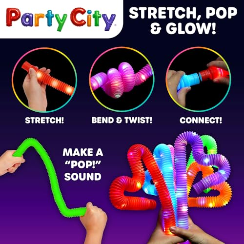 Party City 12-Pack LED Pop Tubes – 25” Expandable, 3-Mode Glow, Sensory Fidget Toys for Kids Ages 5+