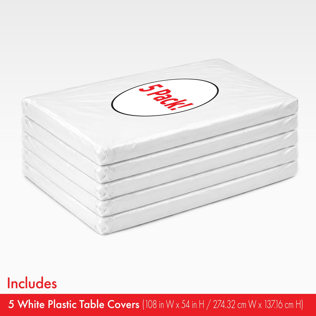 Party City Plastic Tablecover Set of 5 - White, 108 x 54 Inches, Rectangular