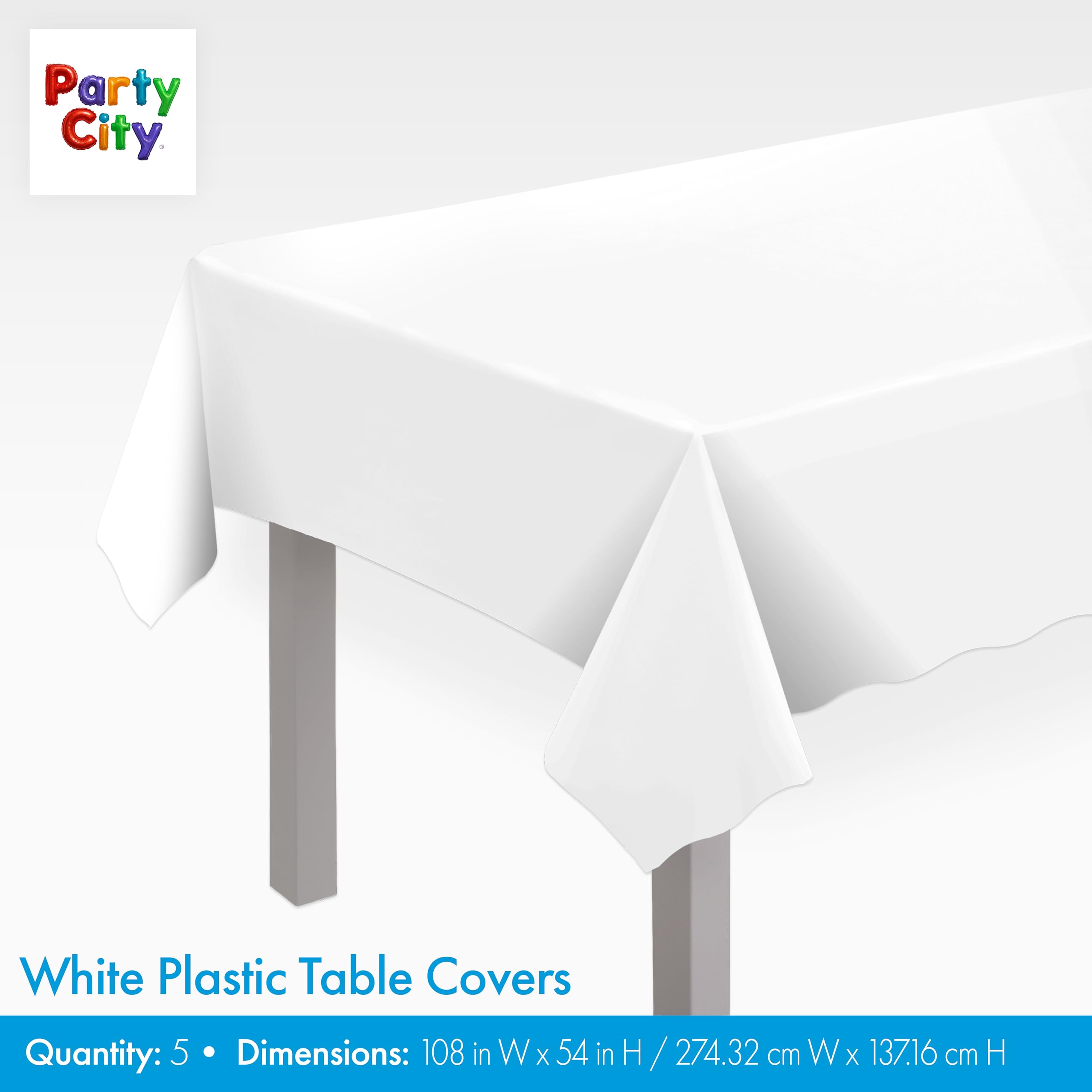 Party City Plastic Tablecover Set of 5 - White, 108 x 54 Inches, Rectangular