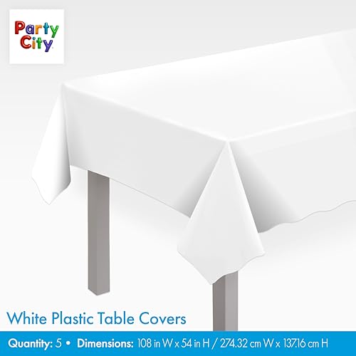 Party City Plastic Tablecover Set of 5 - White, 108 x 54 Inches, Rectangular