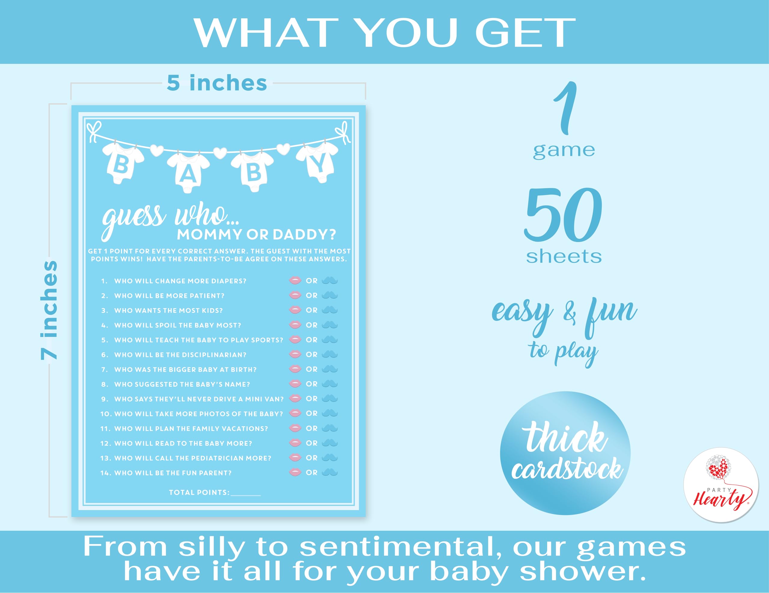 Party Hearty 50-Piece Baby Shower Guess Who Game Cards – Blue Boy Theme
