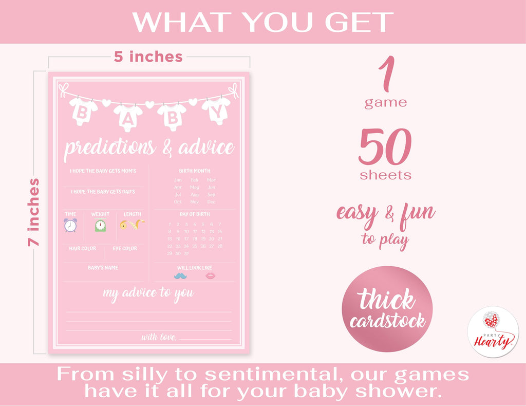 Party Hearty 50-Piece Pink Baby Shower Prediction & Advice Game Cards – Fun Activity for Girls