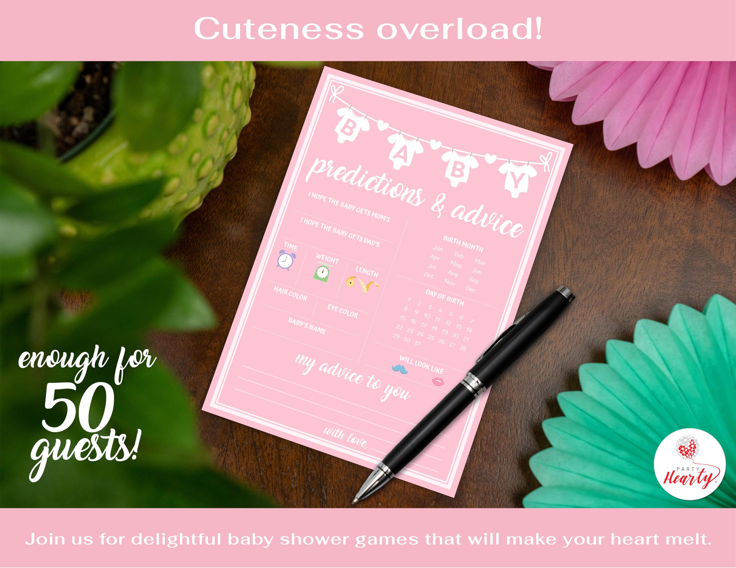 Party Hearty 50-Piece Pink Baby Shower Prediction & Advice Game Cards – Fun Activity for Girls