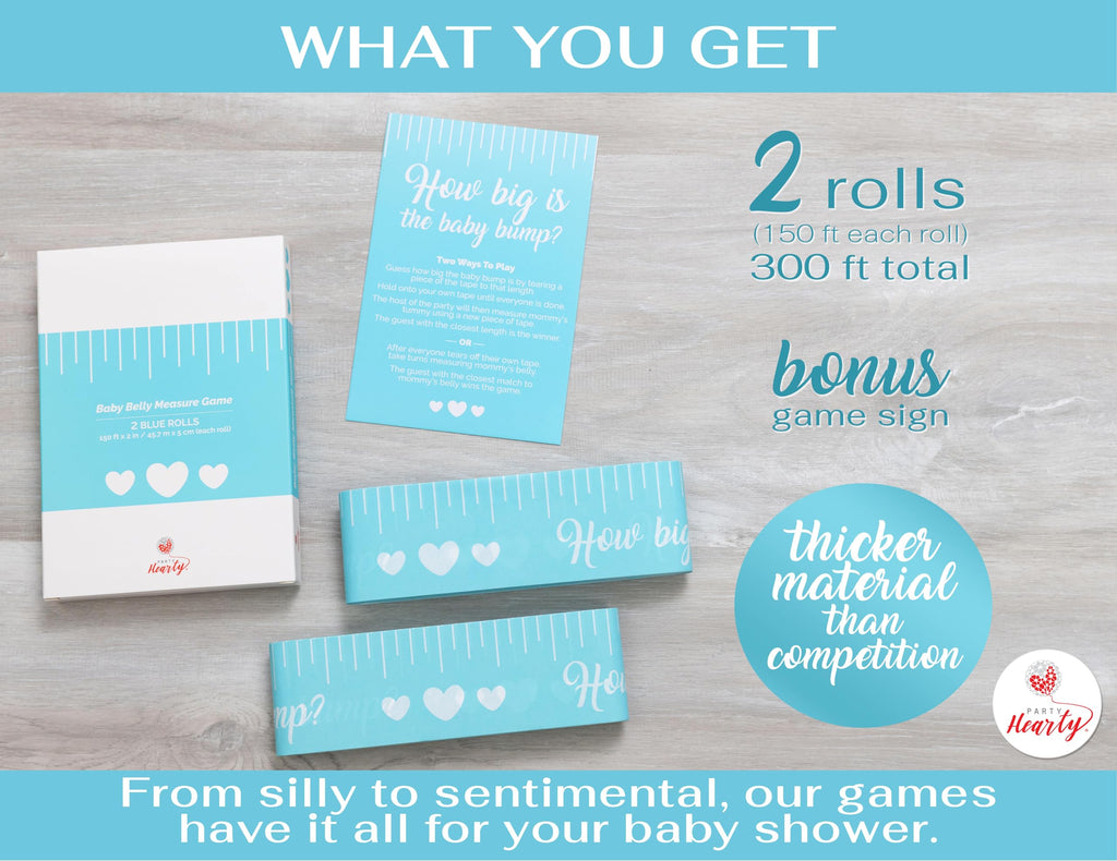 Party Hearty Blue Tummy Measure Tape Baby Shower Game - 2 Rolls, 2x150 ft - Fun Activity for Guests