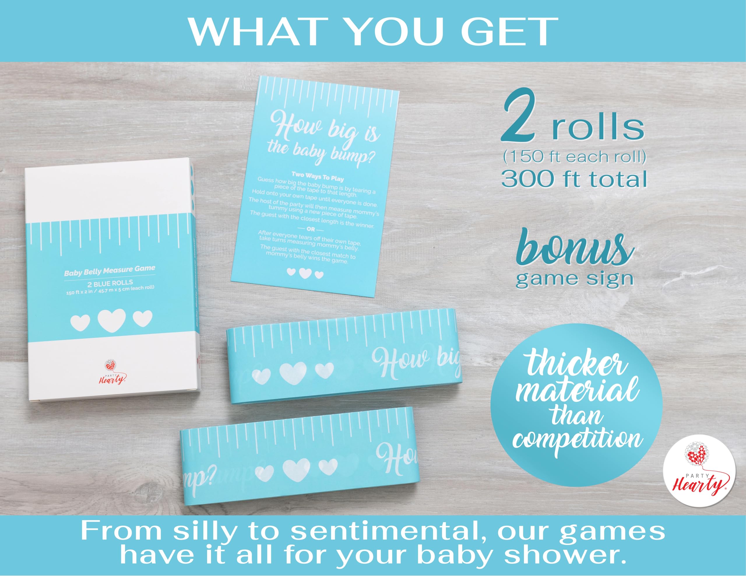 Party Hearty Blue Tummy Measure Tape Baby Shower Game - 2 Rolls, 2x150 ft - Fun Activity for Guests