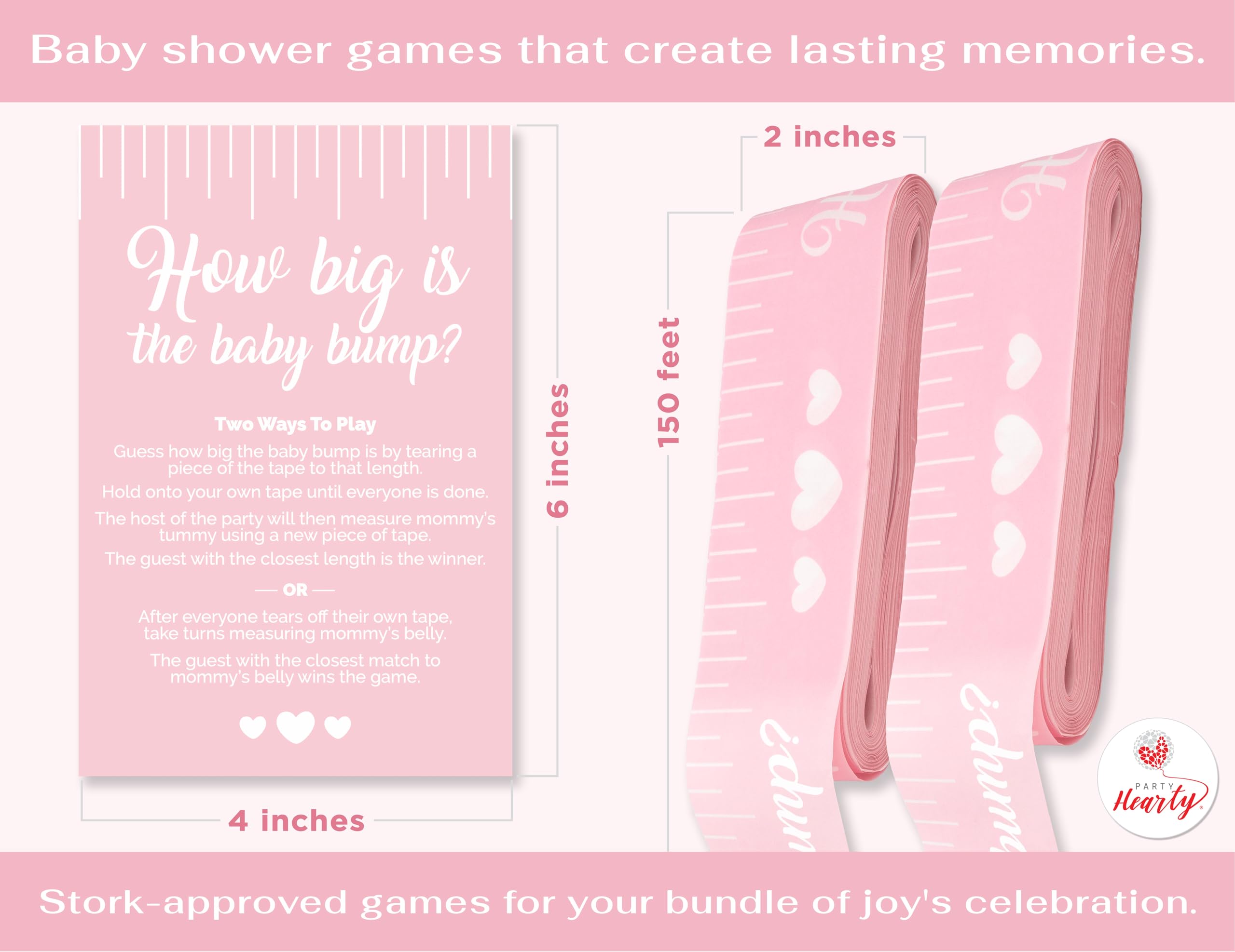 Party Hearty Pink Baby Shower Tummy Measure Game – 2 Rolls, 150 Feet Each, Fun Icebreaker Activity