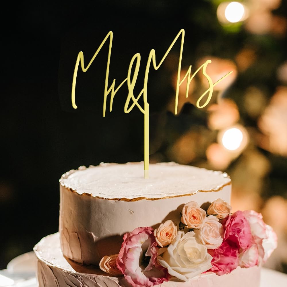 Party to Be Mr & Mrs Wedding Cake Topper – Golden Acrylic (Design 04)