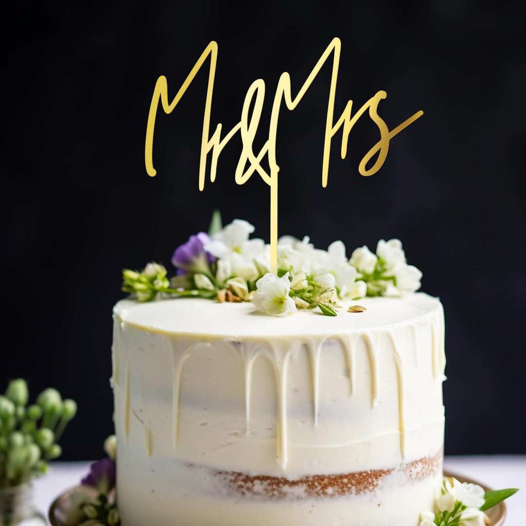 Party to Be Mr & Mrs Wedding Cake Topper – Golden Acrylic (Design 04)