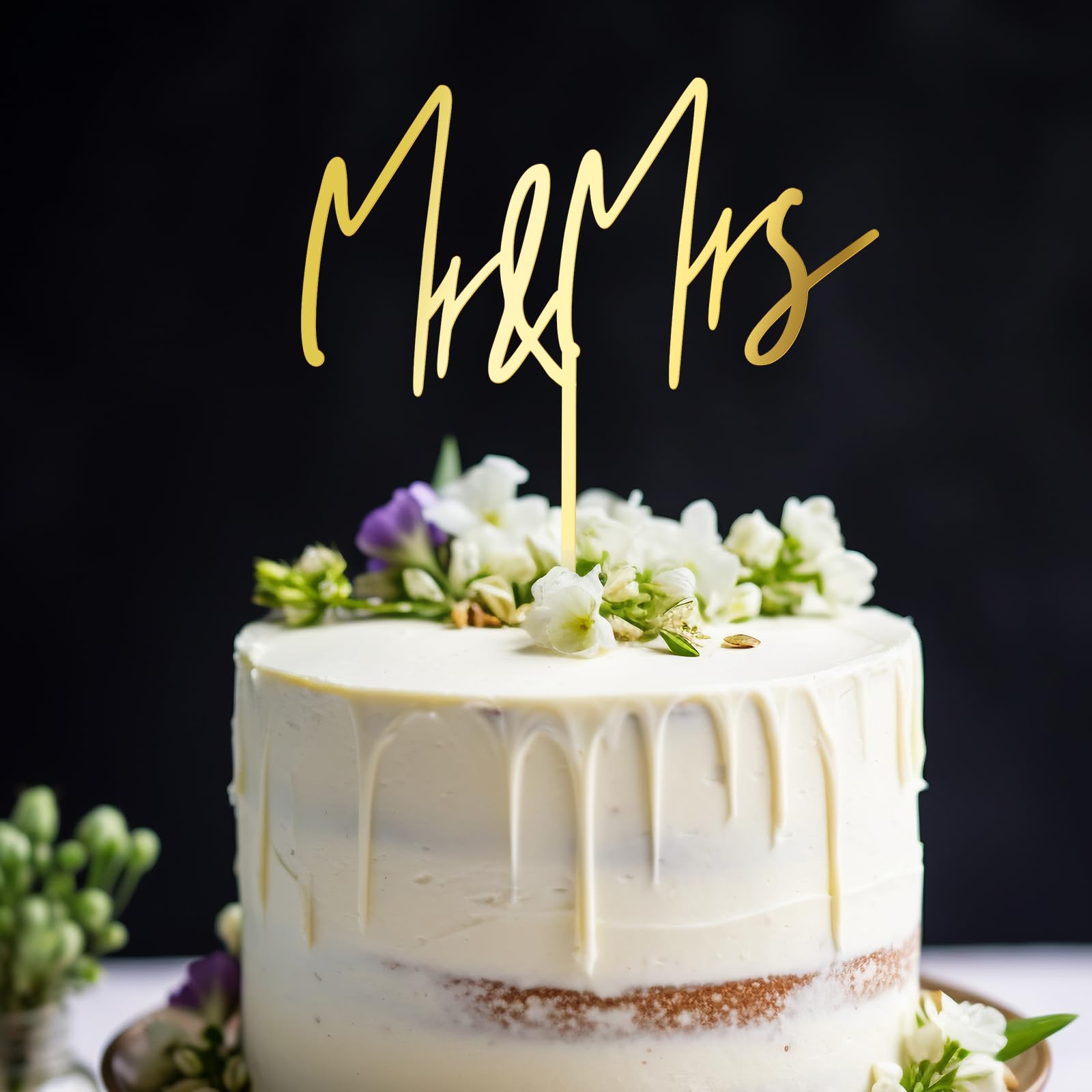 Party to Be Mr & Mrs Wedding Cake Topper – Golden Acrylic (Design 04)