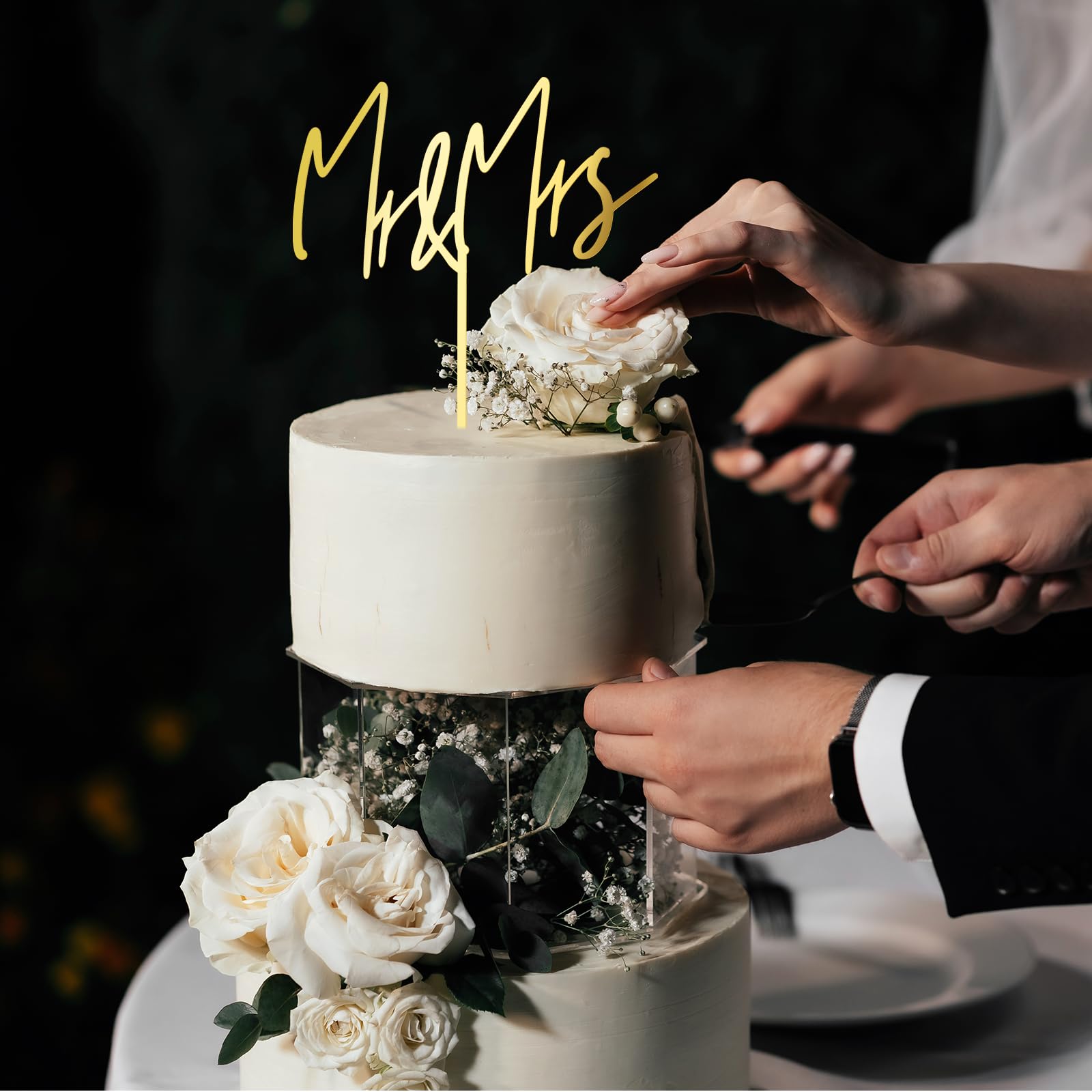 Party to Be Mr & Mrs Wedding Cake Topper – Golden Acrylic (Design 04)