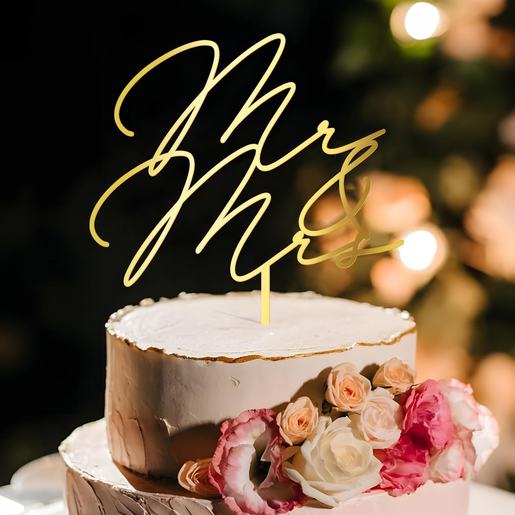 Party to Be Mr & Mrs Wedding Cake Topper – Golden Mirror Acrylic (6 inches)