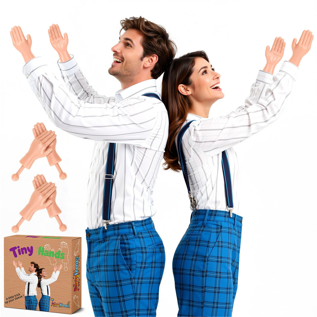 PartyFrenzy Tiny Hands Mini Hand Puppets on Sticks – 2 Pairs Light Color for Pranks and Costumes