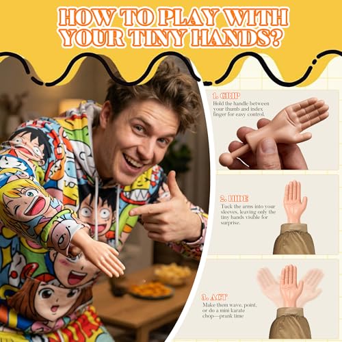 PartyFrenzy Tiny Hands Mini Hand Puppets on Sticks – 2 Pairs Light Color for Pranks and Costumes