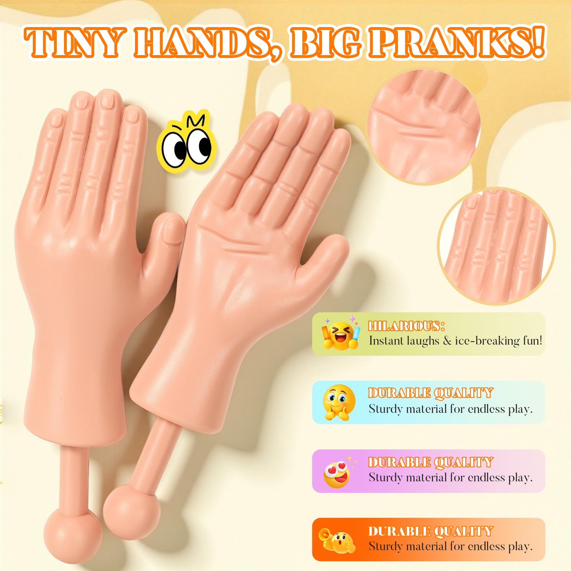 PartyFrenzy Tiny Hands Mini Hand Puppets on Sticks – 2 Pairs Light Color for Pranks and Costumes
