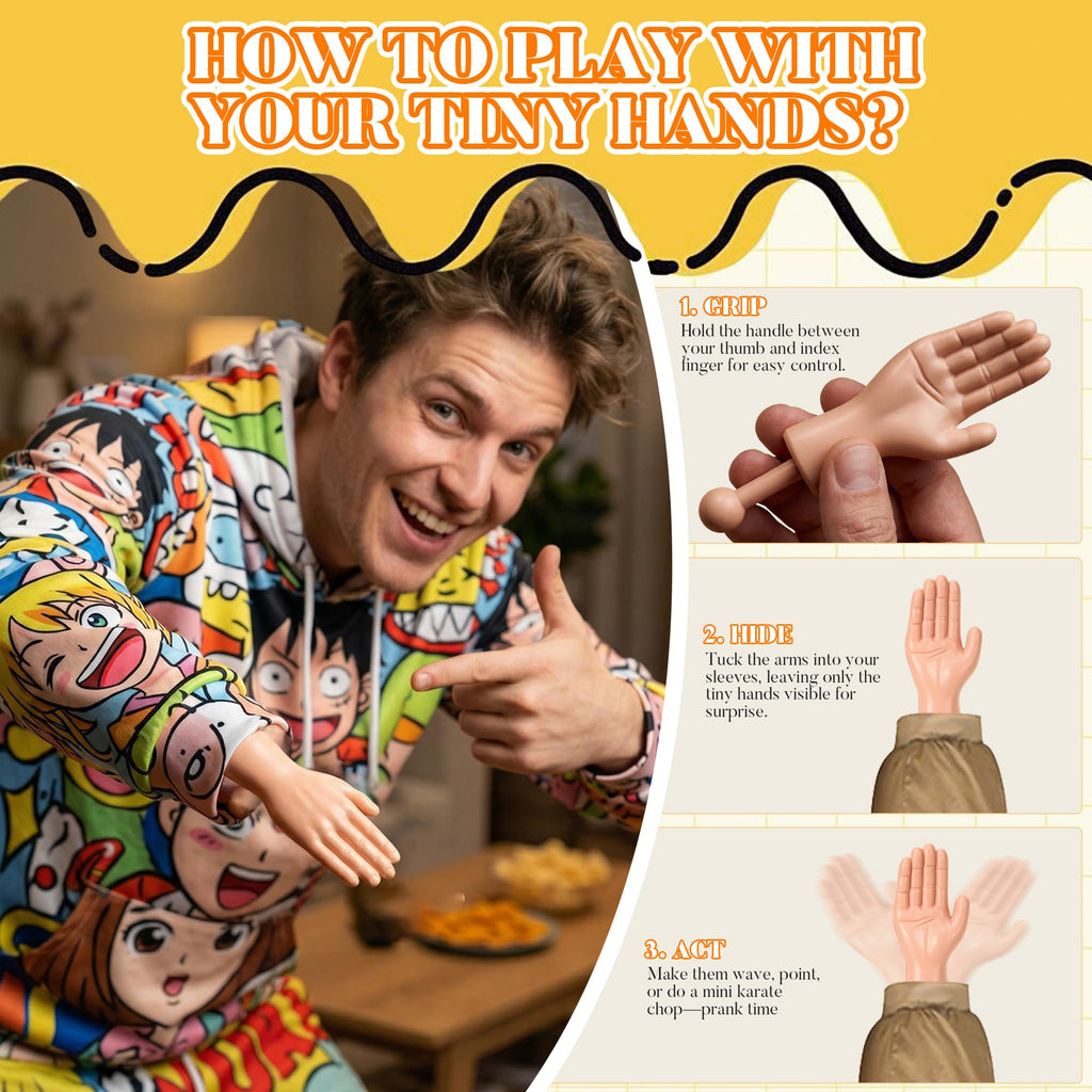 PartyFrenzy Tiny Hands Mini Hand Puppets on Sticks – 2 Pairs Light Color for Pranks and Costumes
