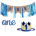 PartyHooman Baby 1st Birthday Boy Decorations Set – Burlap Banner, Crown & Cake Topper in Blue and Gold