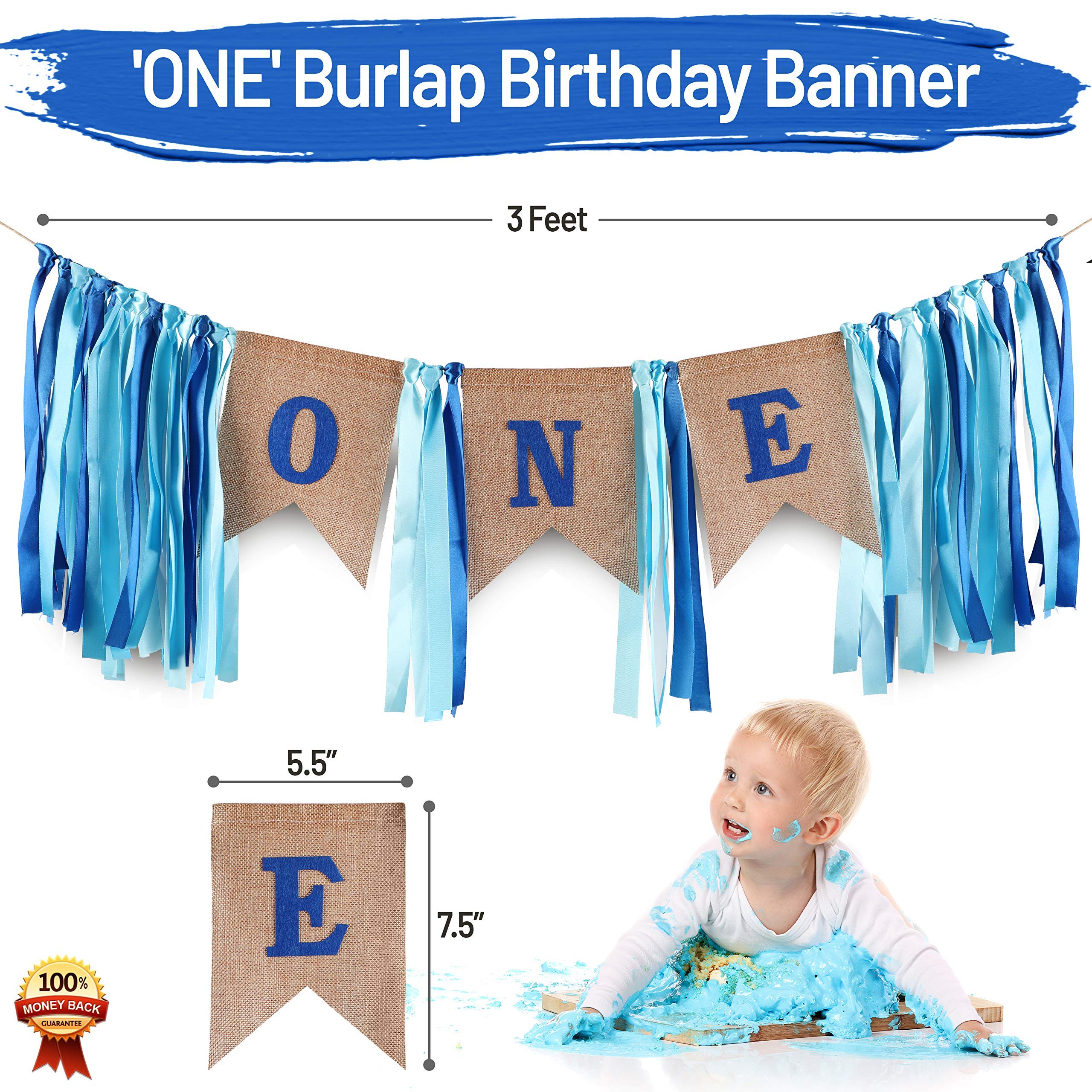 PartyHooman Baby 1st Birthday Boy Decorations Set – Burlap Banner, Crown & Cake Topper in Blue and Gold