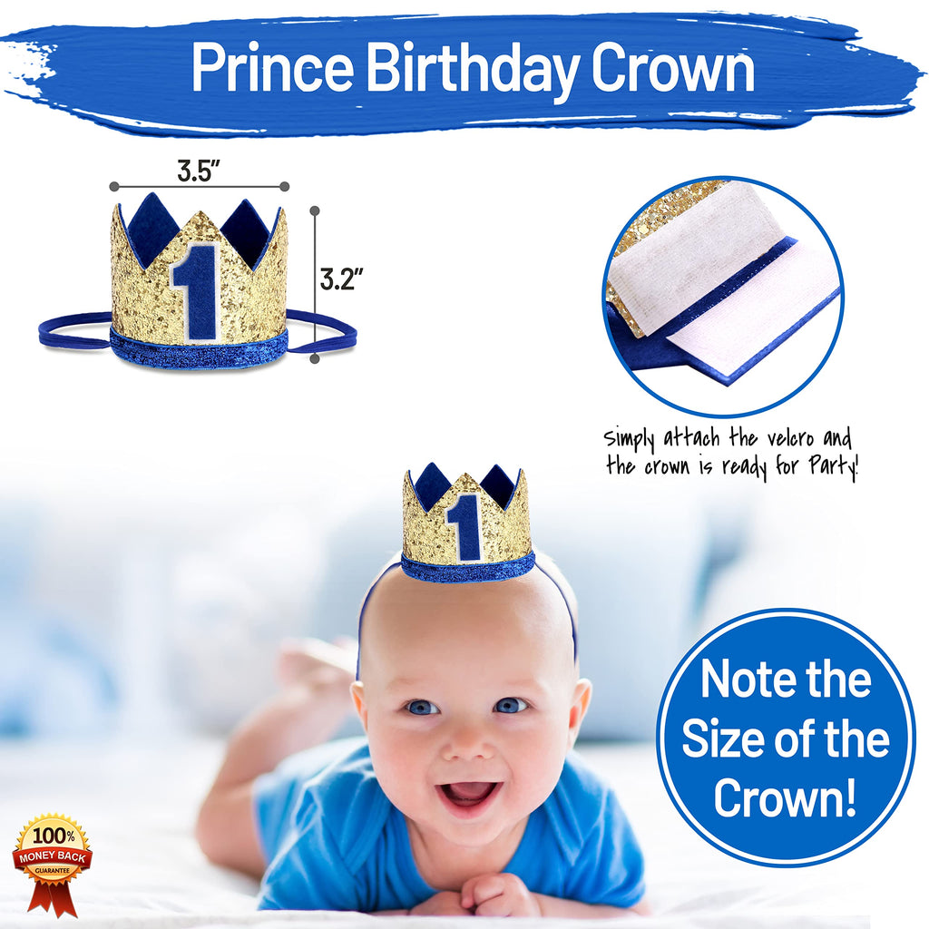 PartyHooman Baby 1st Birthday Boy Decorations Set – Burlap Banner, Crown & Cake Topper in Blue and Gold