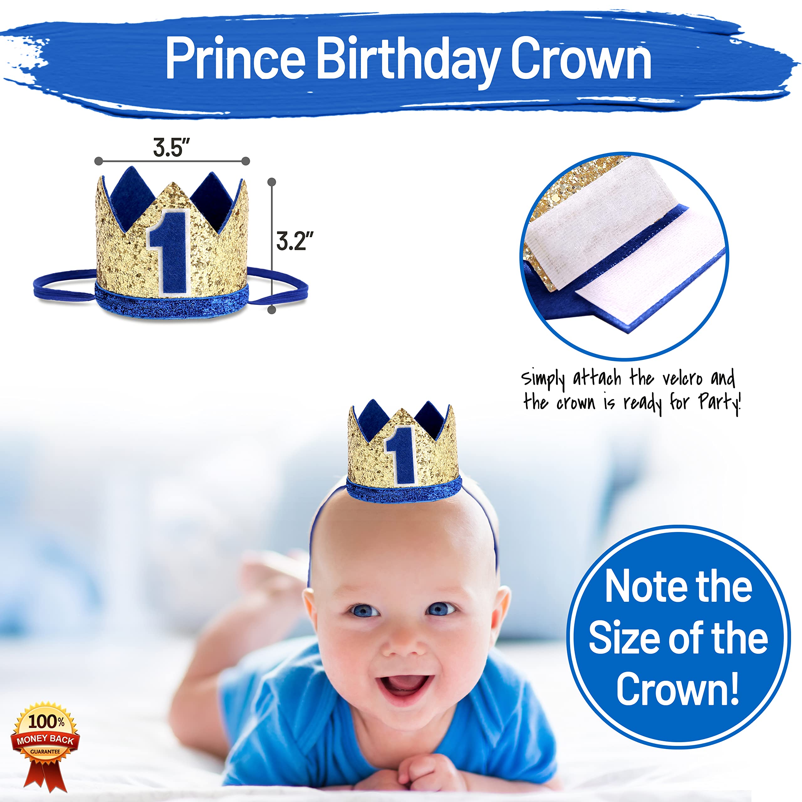 PartyHooman Baby 1st Birthday Boy Decorations Set – Burlap Banner, Crown & Cake Topper in Blue and Gold