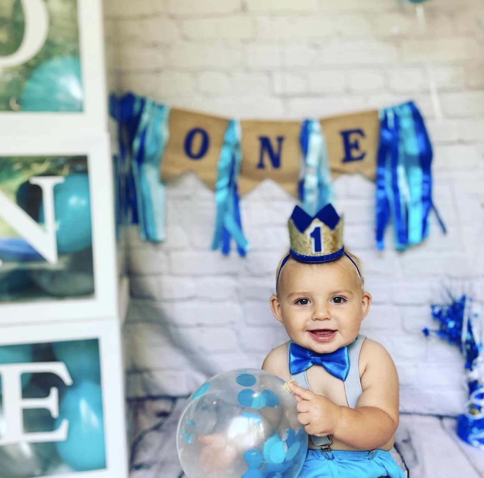 PartyHooman Baby 1st Birthday Boy Decorations Set – Burlap Banner, Crown & Cake Topper in Blue and Gold