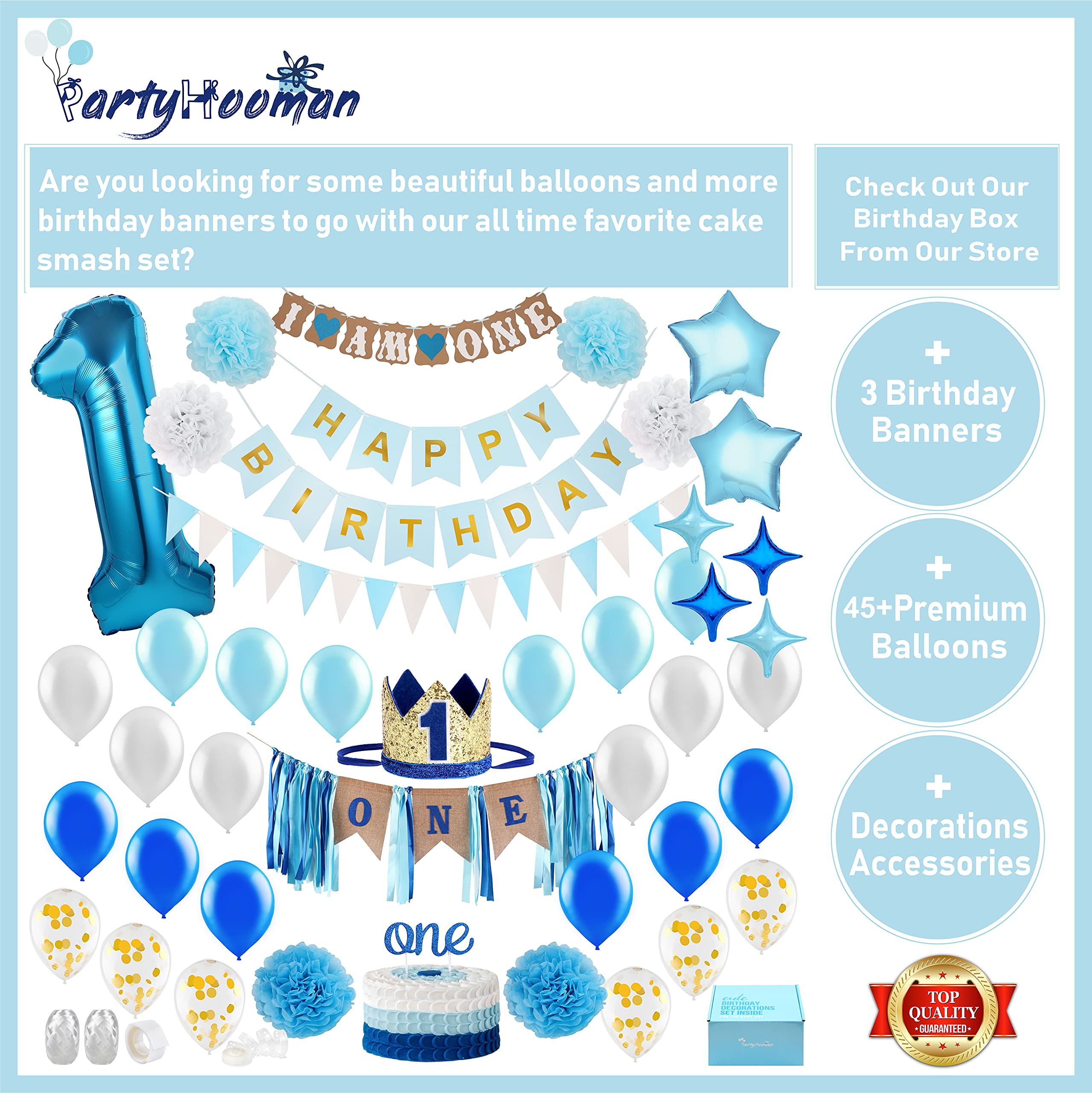 PartyHooman Baby 1st Birthday Boy Decorations Set – Burlap Banner, Crown & Cake Topper in Blue and Gold