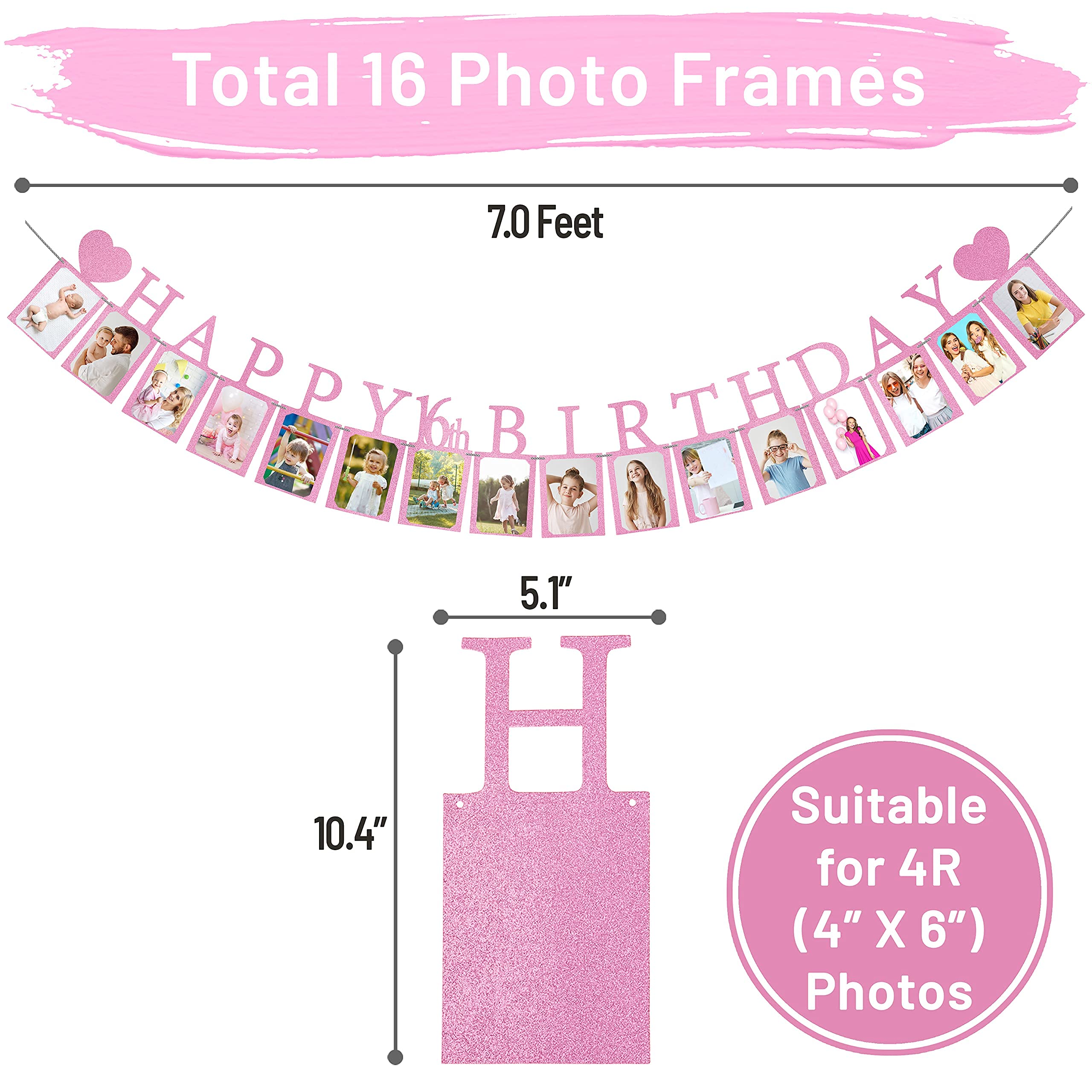 PartyHooman Pre-Assembled Sweet 16 Photo Banner - Purple with 16 Card Frames