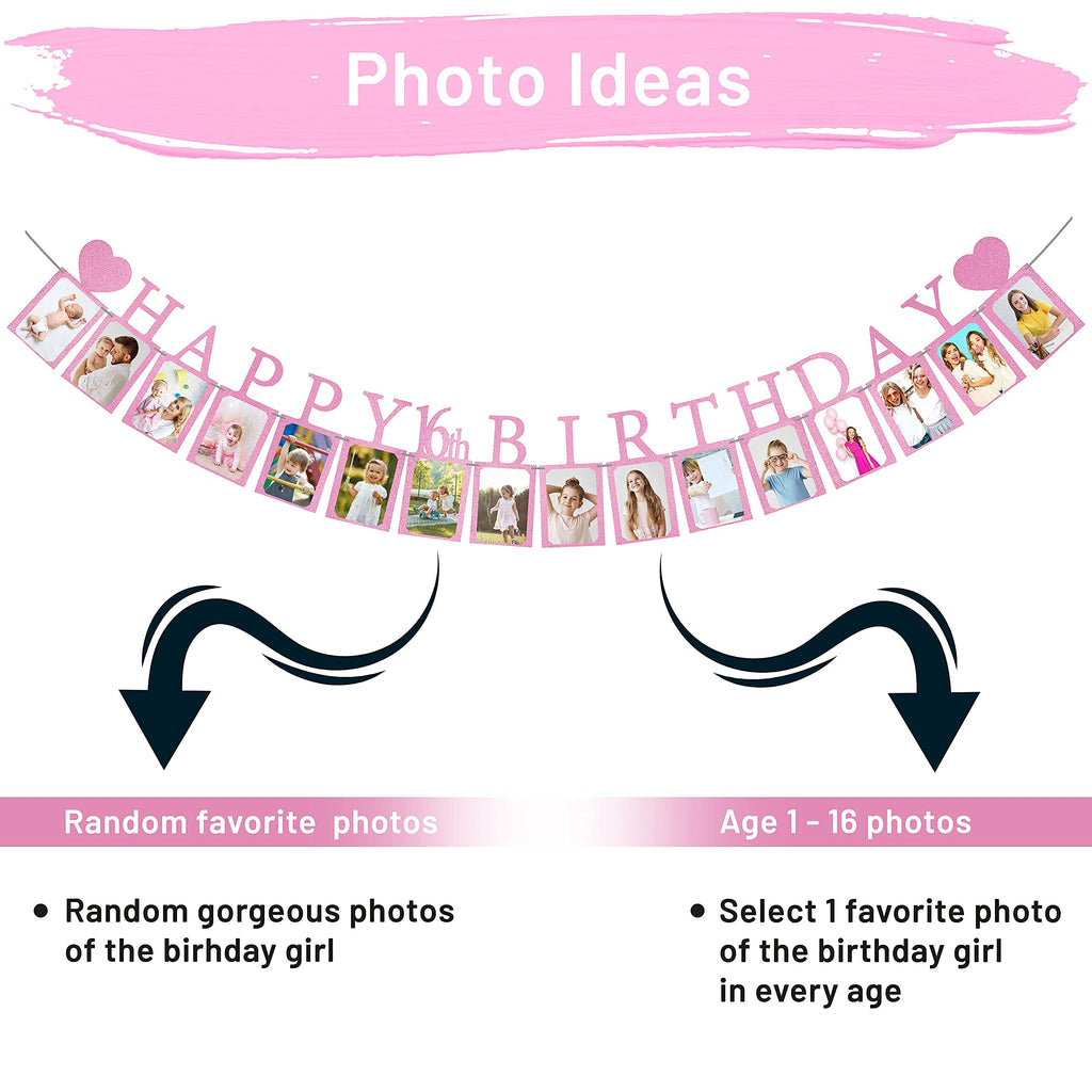 PartyHooman Pre-Assembled Sweet 16 Photo Banner - Purple with 16 Card Frames