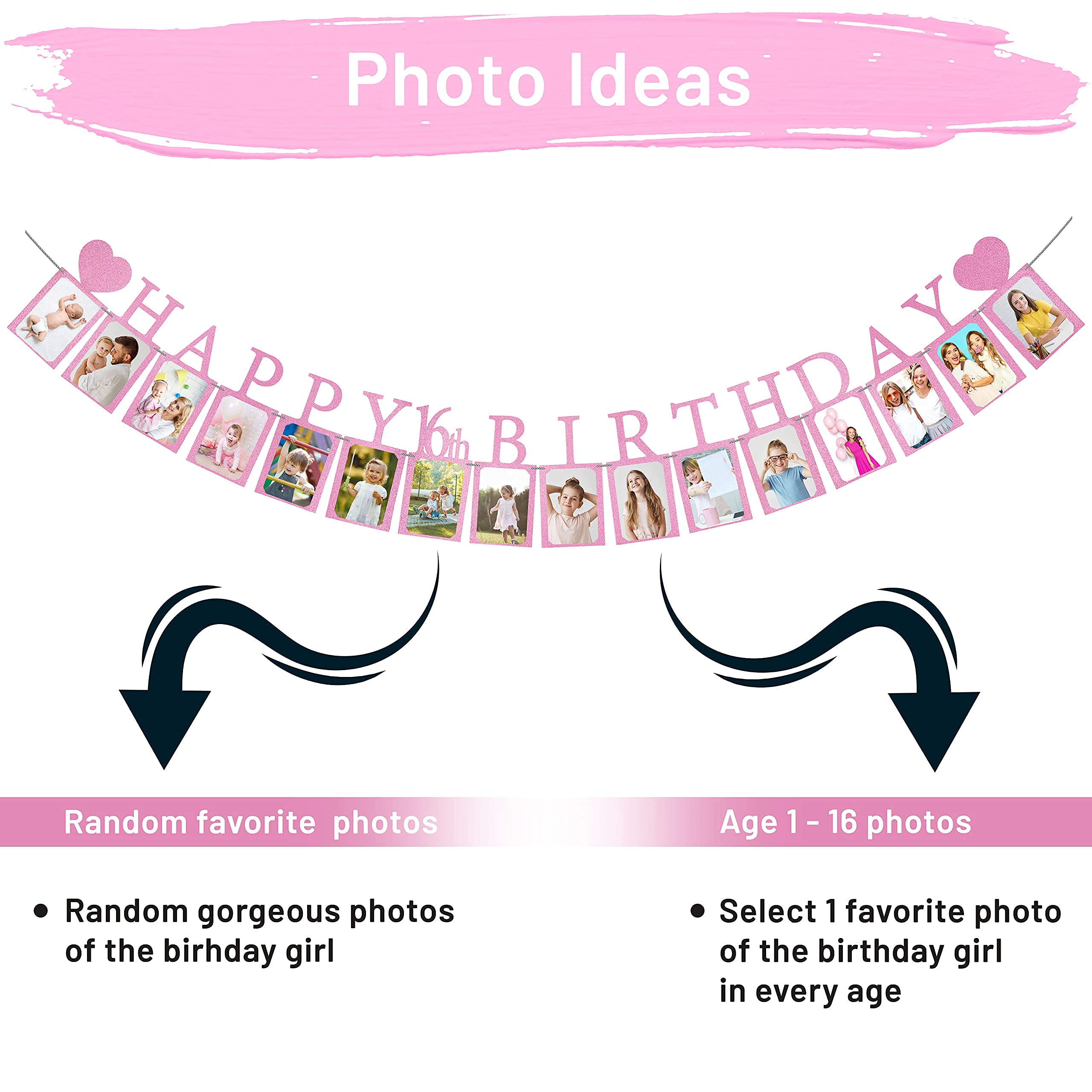 PartyHooman Pre-Assembled Sweet 16 Photo Banner - Purple with 16 Card Frames