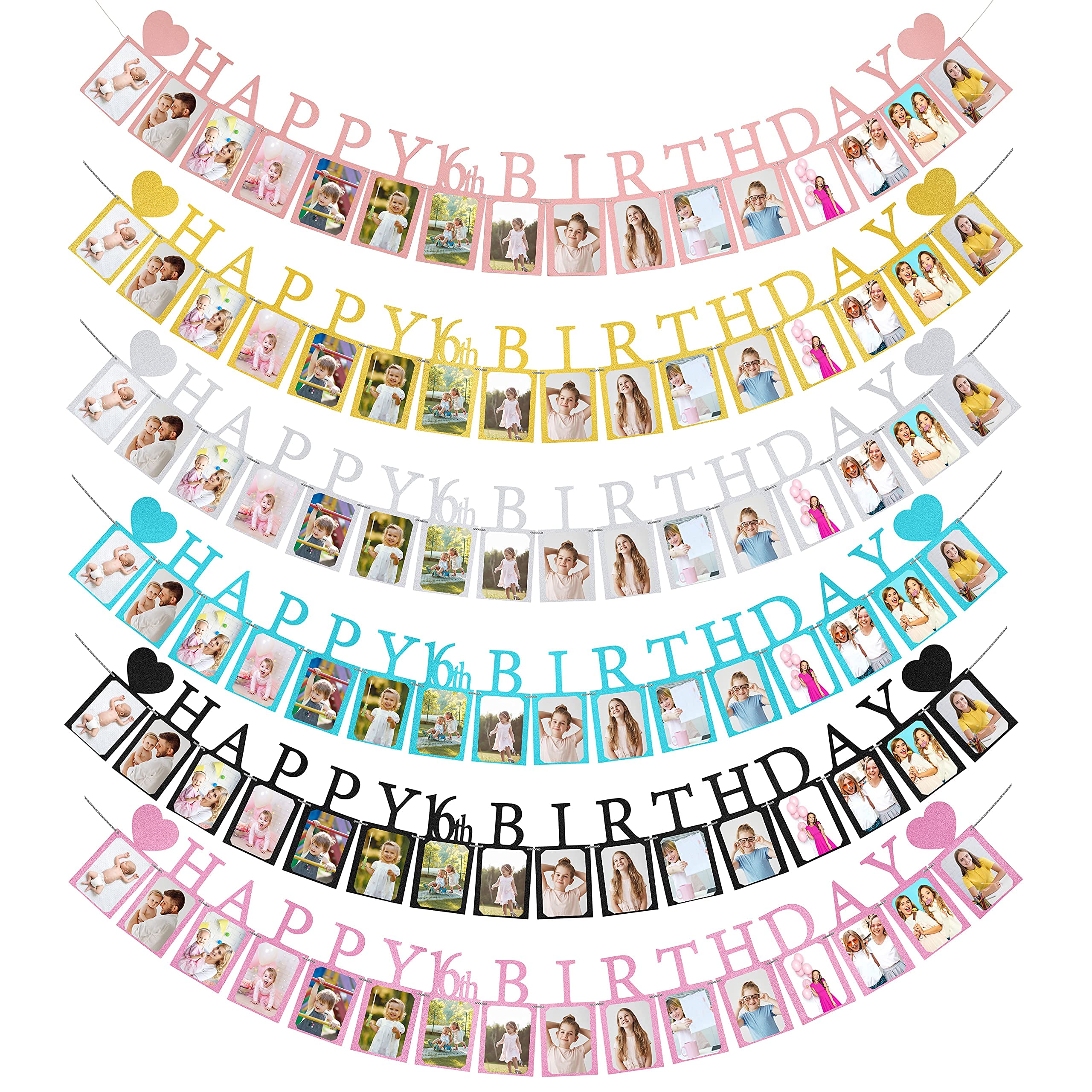 PartyHooman Pre-Assembled Sweet 16 Photo Banner - Purple with 16 Card Frames