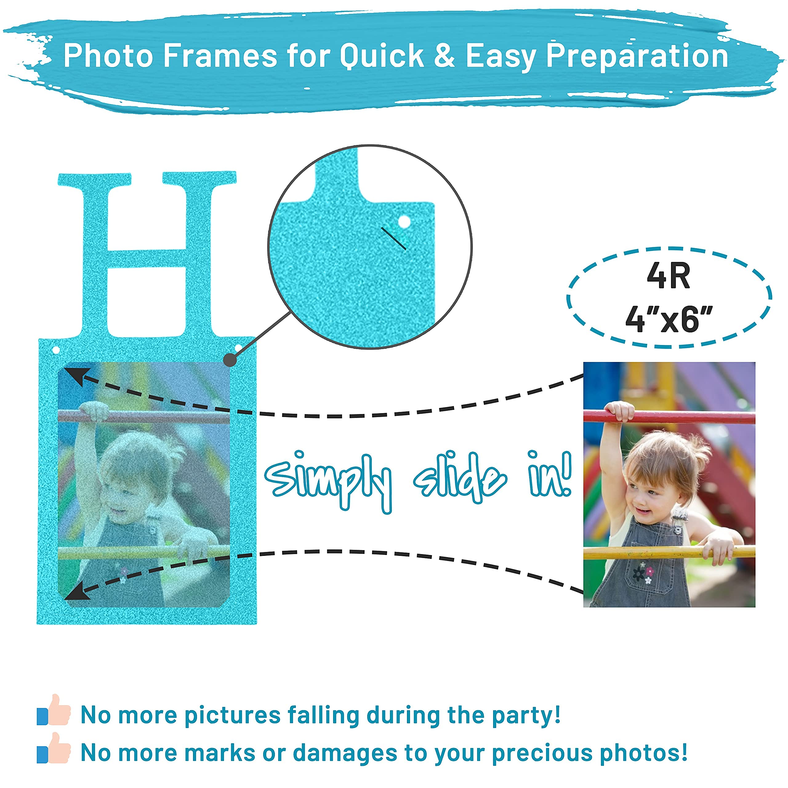 PartyHooman Sweet 16 Photo Banner – Blue, Pre-Strung with 16 Cardstock Frames for 4x6 Photos