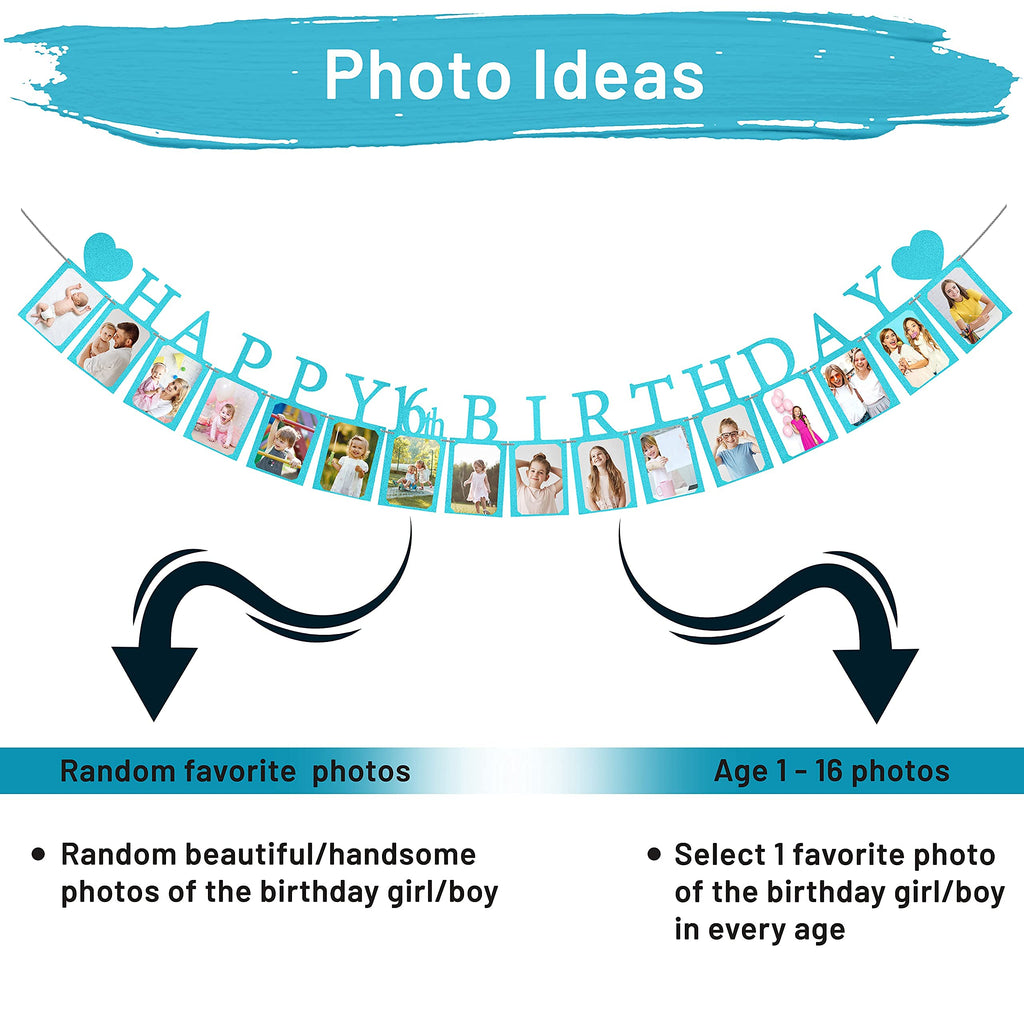 PartyHooman Sweet 16 Photo Banner – Blue, Pre-Strung with 16 Cardstock Frames for 4x6 Photos