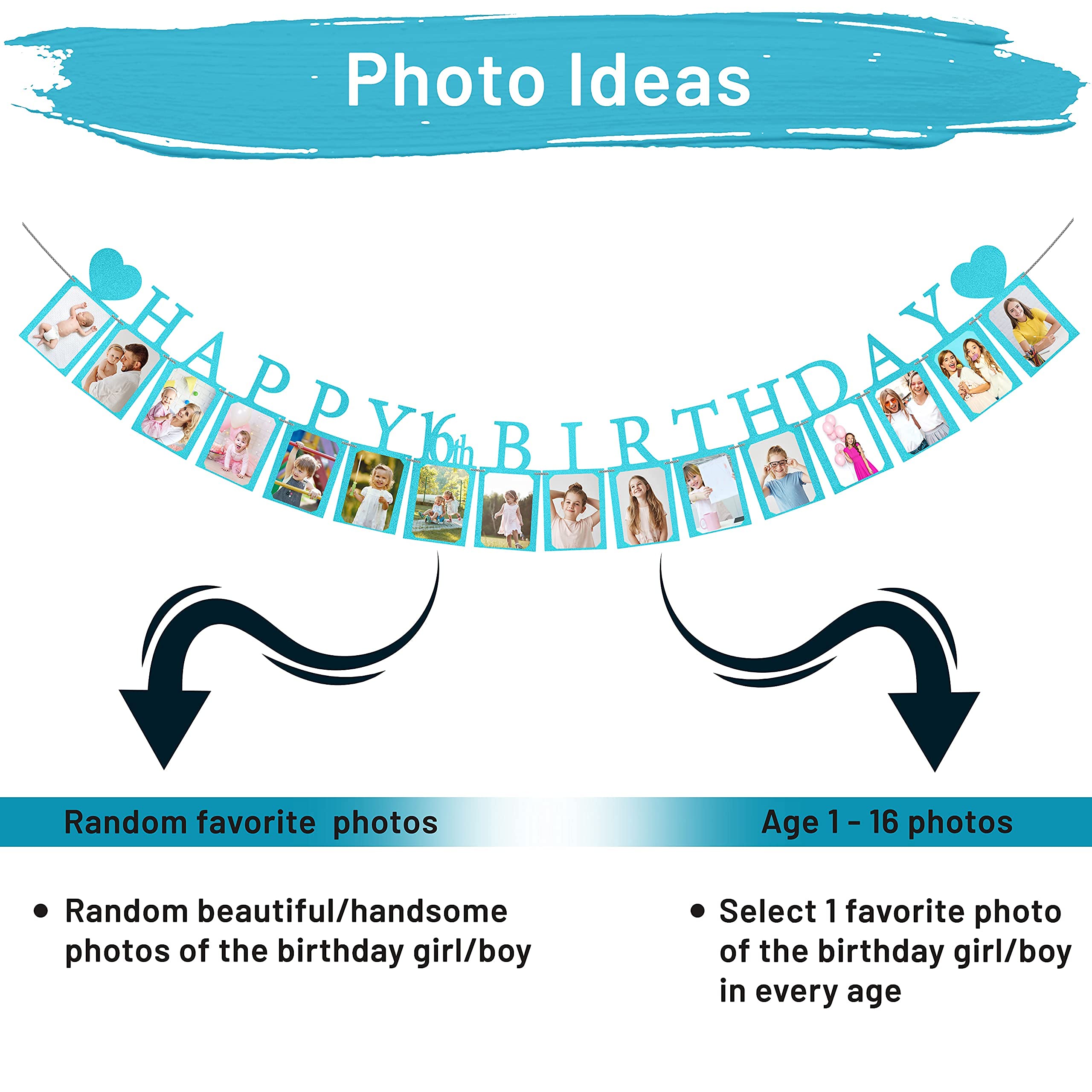 PartyHooman Sweet 16 Photo Banner – Blue, Pre-Strung with 16 Cardstock Frames for 4x6 Photos