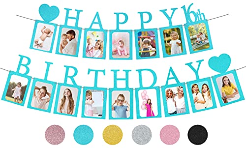 PartyHooman Sweet 16 Photo Banner – Blue, Pre-Strung with 16 Cardstock Frames for 4x6 Photos