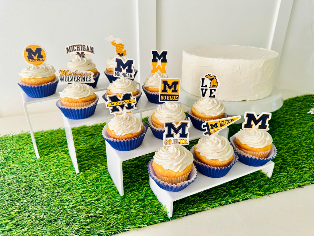 PartyKandy 24-Pack Michigan Wolverines Cupcake Toppers – Preassembled 3-4 Inch Picks for Game Day, Graduation & Birthday Parties
