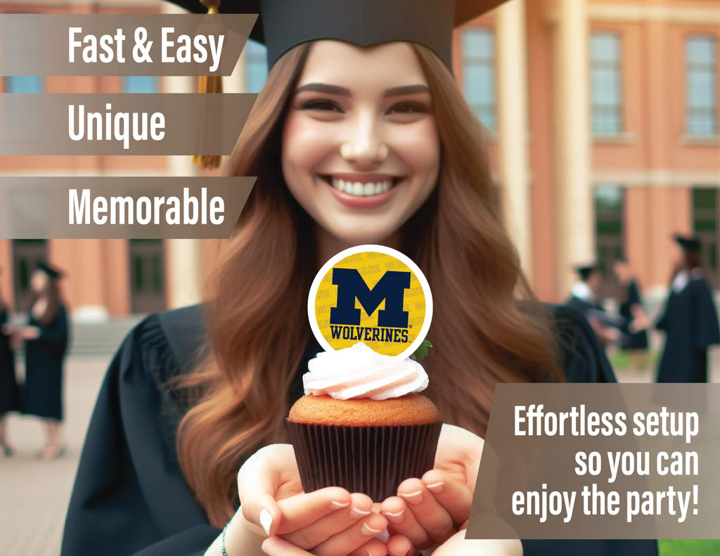 PartyKandy 24-Pack Michigan Wolverines Cupcake Toppers – Preassembled 3-4 Inch Picks for Game Day, Graduation & Birthday Parties