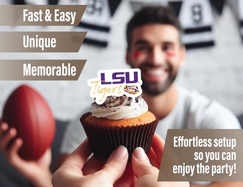 PartyKandy LSU Tigers Cupcake Toppers – 24 Preassembled Recyclable Paper Picks for Game Day, Graduation & Birthday Parties