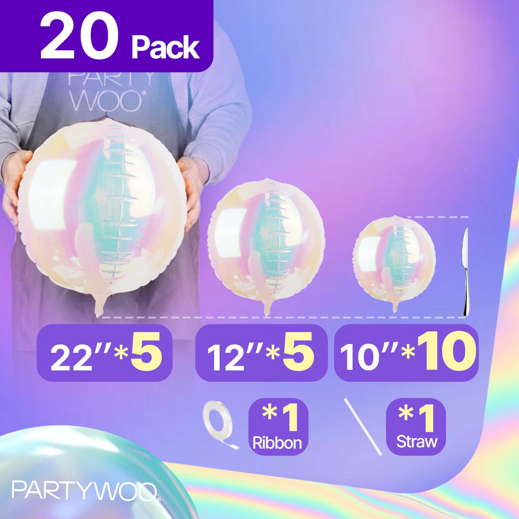 PartyWoo 20-Pack Iridescent Foil Balloons – 10, 12, and 22 Inch Sizes for Weddings, Birthdays, and Parties