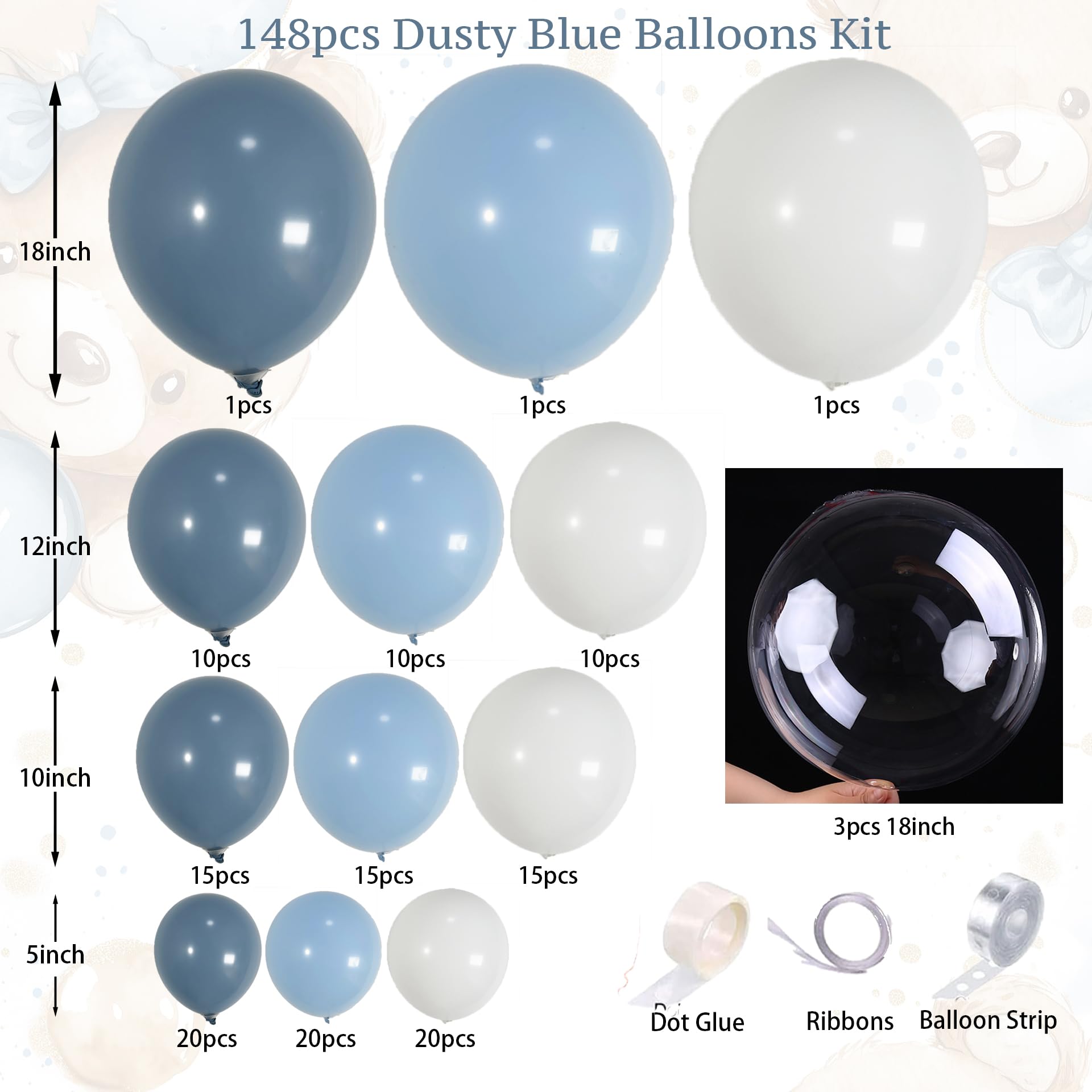 PartyXpress 144-Piece Dusty Blue Balloon Arch Garland Kit for Baby Shower, Birthday, Wedding Decor