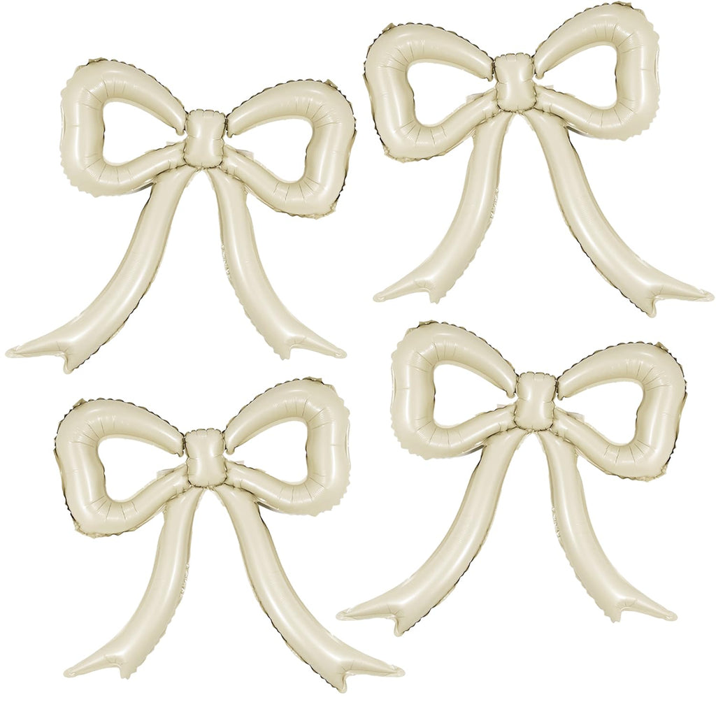PartyXpress 4-Pack Cream White Bow Foil Balloons – Large Mylar Bows for Coquette Baby Shower, Bridal, Birthday Decor