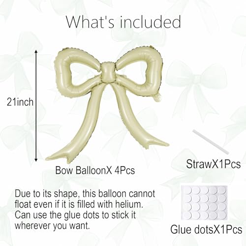 PartyXpress 4-Pack Cream White Bow Foil Balloons – Large Mylar Bows for Coquette Baby Shower, Bridal, Birthday Decor