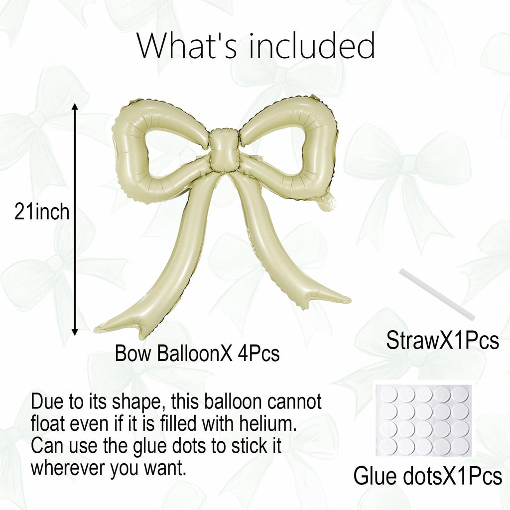 PartyXpress 4-Pack Cream White Bow Foil Balloons – Large Mylar Bows for Coquette Baby Shower, Bridal, Birthday Decor