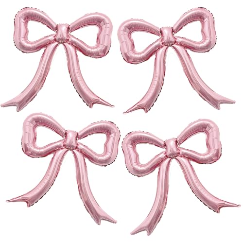 PartyXpress 4-Piece Pink Bow Foil Balloons Set – Mylar Balloons for Baby Showers, Bachelorette & Coquette Parties