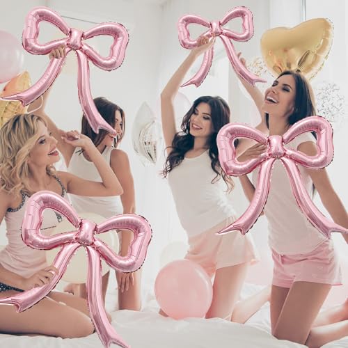 PartyXpress 4-Piece Pink Bow Foil Balloons Set – Mylar Balloons for Baby Showers, Bachelorette & Coquette Parties