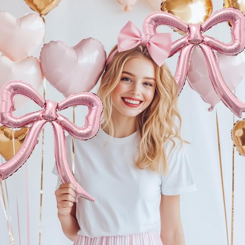 PartyXpress 4-Piece Pink Bow Foil Balloons Set – Mylar Balloons for Baby Showers, Bachelorette & Coquette Parties
